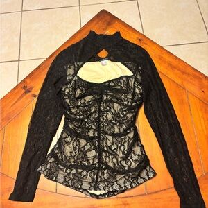 VENUS Black Lace Long Sleeve Mock Neck Blouse